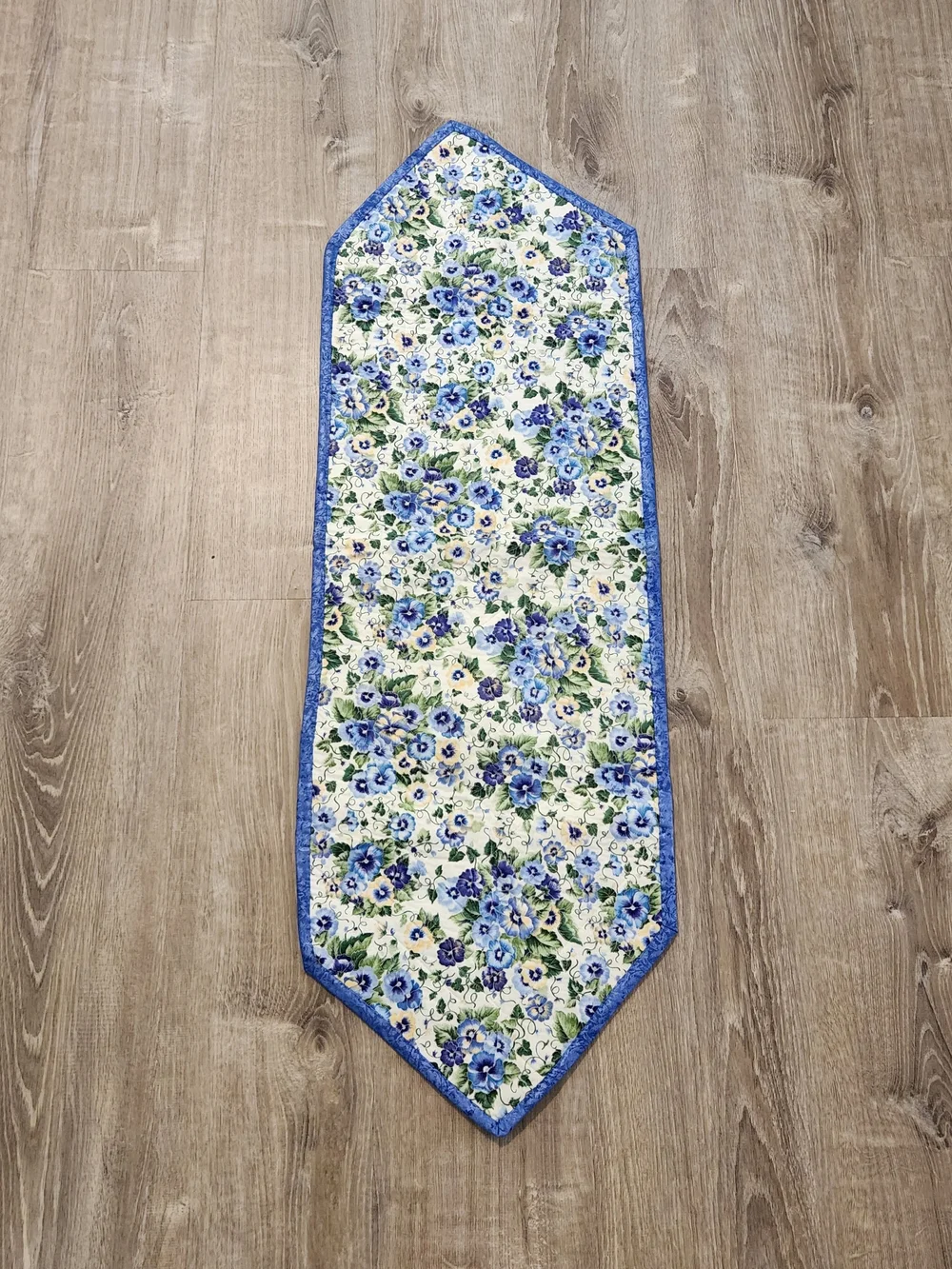 Handcrafted Blue & White Floral Quilted Reversible Table Runner with Pansies